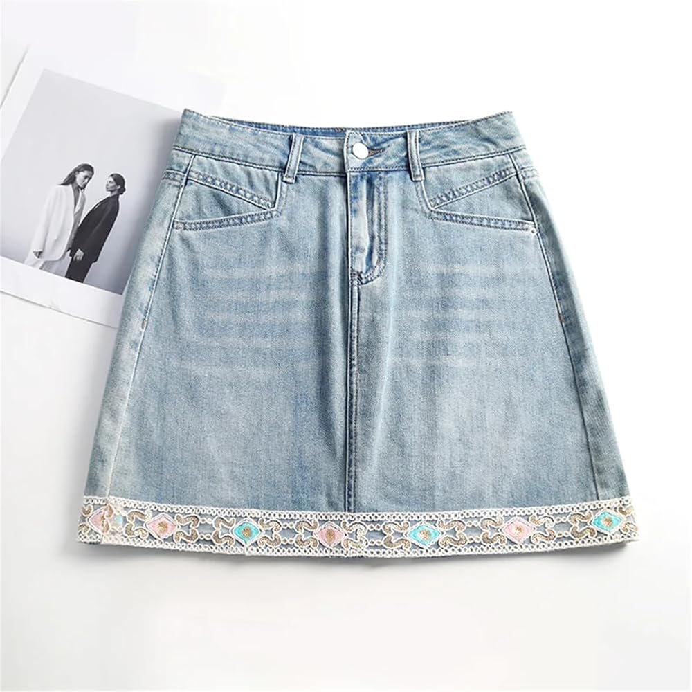 momentel white lace denim skirt デニムスカート JNGSA Women's Mini Denim Skirt, High Waist, Irregular Slim
